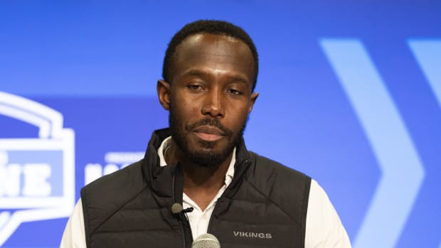 Feb 27, 2024; Indianapolis, IN, USA; Minnesota Vikings general manager Kwesi Adofo-Mensah talks to the media at the 2024 NFL Combine at Indiana Convention Center.